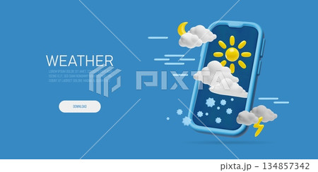 A 3D banner with a smartphone with various weather icons on the screen. 134857342