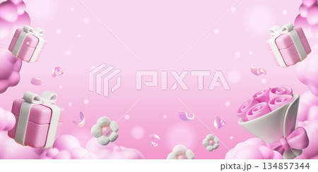 Happy holiday International Women's Day pink background, 3D banner vector design, blossom flowers, gift box in clouds Happy holiday International Women's Day pink background, 3D banner vector design, blossom flowers, gift box in clouds 134857344