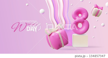 3D pink banner with inflatable gift boxes and the number 8, International Women's Day. 134857347