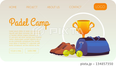 Padel camp website template with a trophy, sneakers, balls, and a bag. 134857350