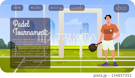 Website page with a man with a racket near a net, with the caption "Padel Tournament." 134857351