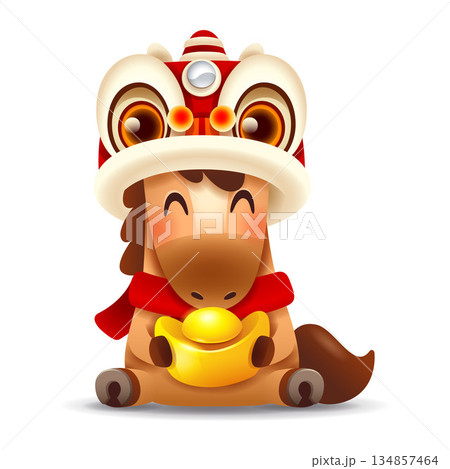 Cute Little Cartoon Horse with Lion Dance on Head. Chinese Zodiac 134857464