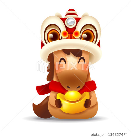 Cute Little Cartoon Horse with Lion Dance on Head. Chinese Zodiac 134857474
