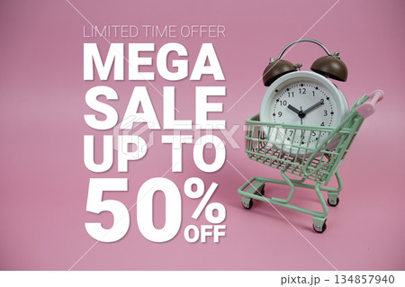 Mega Sale 50% off Promotion and Marketing with trolley shopping cart and alarm clock on pink background Mega Sale 50% off Promotion and Marketing with trolley shopping cart and alarm clock on pink background 134857940