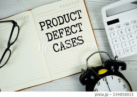 Product Defect Cases text on notepad with alarm clock, eyeglasses and calculator on wooden background Product Defect Cases text on notepad with alarm clock, eyeglasses and calculator on wooden background 134858015