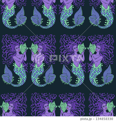 Beautiful long hair mermaid holding conch shell seamless pattern on black background vector illustration 134858330