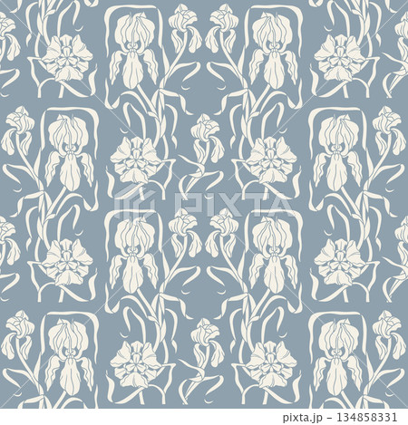 Art nouveau style hand drawn silhouette iris flowers seamless pattern 134858331