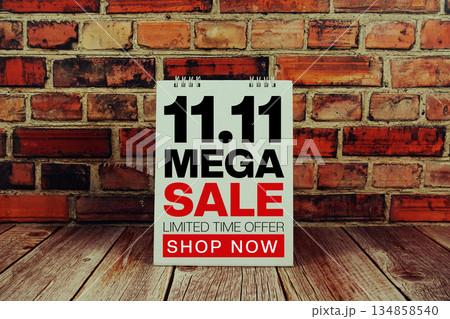 11.11 Mega Sale text Promotion and Marketing on wooden background 134858540