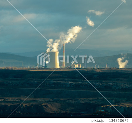 Aerial view of coal plant. Smoking chimneys from factory. Chimneys of big factory polluting environment 134858675