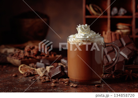 Hot chocolate with whipped cream in a glass mug. Hot chocolate with whipped cream in a glass mug. 134858720