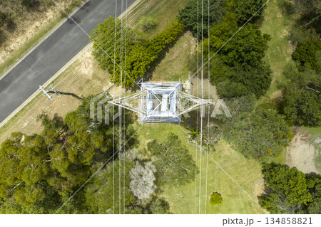 Aerial photograph of the top section of an electricity transmission tower Aerial photograph of the top section of an electricity transmission tower 134858821