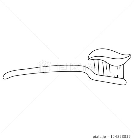 Minimalistic toothbrush with toothpaste outline illustration Minimalistic toothbrush with toothpaste outline illustration 134858835