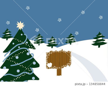 winter snowing landscape with trees and wooden board 134858844