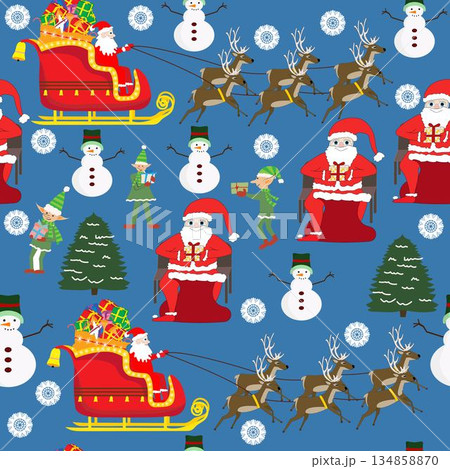 Santa Claus with reindeer and presents elves and snowman seamless pattern Santa Claus with reindeer and presents elves and snowman seamless pattern 134858870