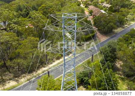 Aerial photograph of the top section of an electricity transmission tower Aerial photograph of the top section of an electricity transmission tower 134858877
