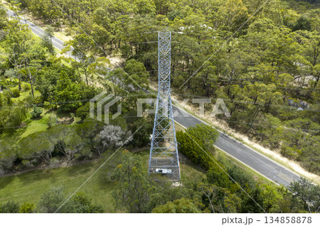 Aerial photograph of an electricity transmission tower Aerial photograph of an electricity transmission tower 134858878