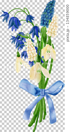 A watercolor painting depicting a bouquet of primroses: bluebells and snowdrops, muscari A watercolor painting depicting a bouquet of primroses: bluebells and snowdrops, muscari 134859000