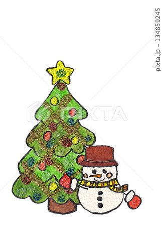 手描きの水彩画(絵手紙)「クリスマスカード」文字無し　雪だるま一個 134859245