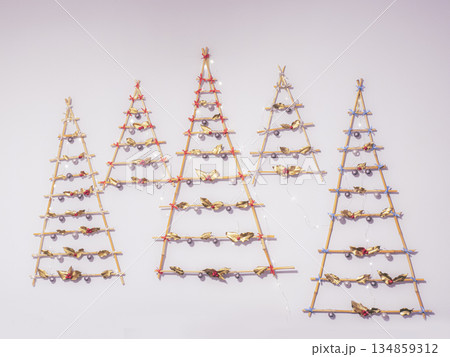 Festive Wooden Christmas Tree Wall Art Made From Small Lattice Frames with Ornaments 134859312