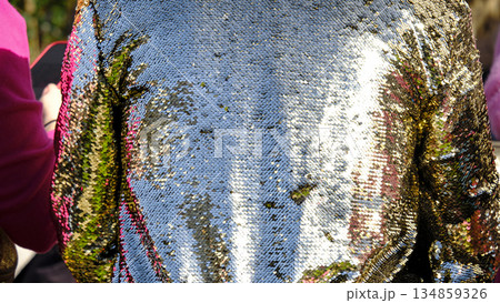 Close-up of bright golden sequin jacket back side at lively outdoor gathering on bright, sunny day. Surroundings show vibrant pink colors and fun atmosphere. Sun flares and reflections add to festive 134859326