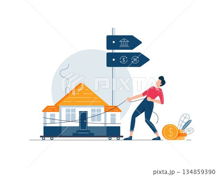 Mortgage refinancing concept. Man carries a home to the bank. Male character draggs a house for loan refunding with getting cash out 134859390