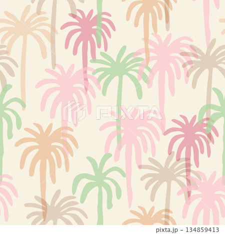 Pink and beige palm trees seamless pattern. Vector tropical summer textile design, floral prints, exotic wallpaper. 134859413
