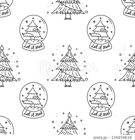 Doodle pattern of Christmas glass snow globes with christmas tree in black and white style 134859619