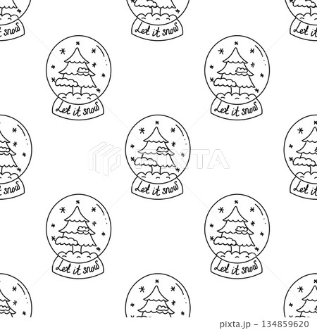 Doodle pattern of Christmas glass snow globes with christmas tree in black and white style Doodle pattern of Christmas glass snow globes with christmas tree in black and white style 134859620
