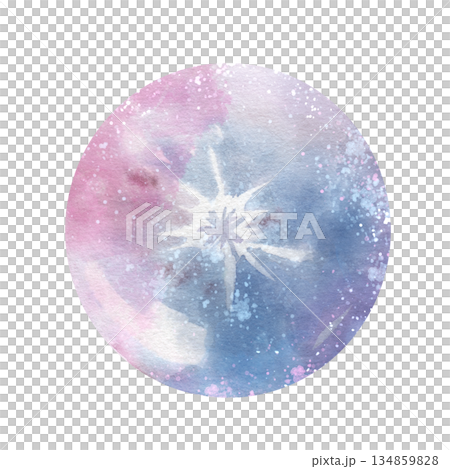 Watercolor illustration of cosmic circle with starburst at the center, crystal ball featuring soft pink and blue hues, sparkles, celestial, ethereal atmosphere. Isolated element on white background 134859828