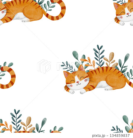Cute seamless watercolor pattern with sleeping ginger cats and floral leaves creates a charming nursery wallpaper perfect for kids' textiles and decor. Hand-drawn illustration, white background. 134859837