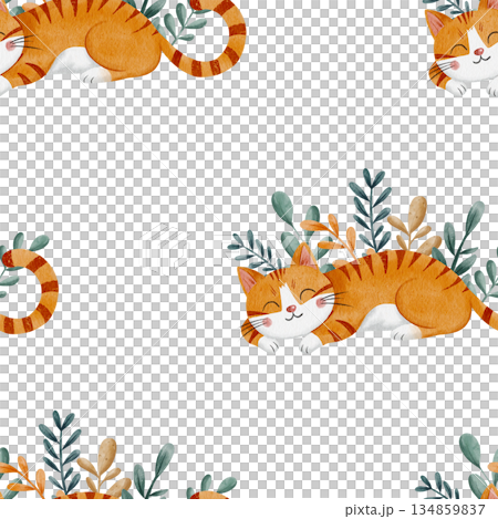 Cute seamless watercolor pattern with sleeping ginger cats and floral leaves creates a charming nursery wallpaper perfect for kids' textiles and decor. Hand-drawn illustration, white background. 134859837