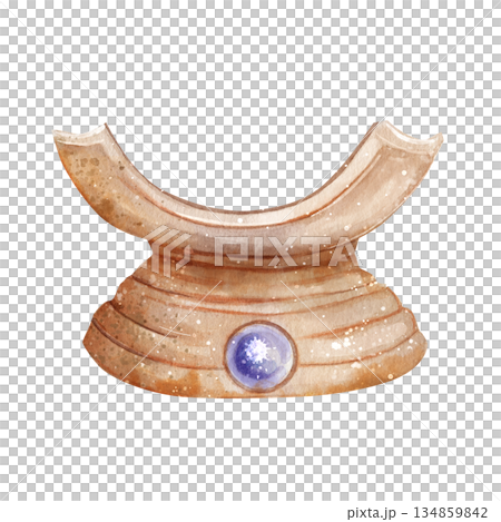 Watercolor illustration of an antique ceremonial stone tray with purple gemstone in the center and arch. For mystical rituals, divination balls. Element is isolated on white background. Hand drawn. 134859842