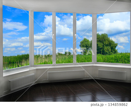 Opened window to summer landscape. Rural view Opened window to summer landscape. Rural view 134859862