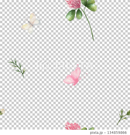 Seamless watercolor pattern featuring clover, green leaves, white daisy flowers, and pink butterfly, hand-drawn and isolated on white background. For botanical wallpaper, fabric, and textile designs Seamless watercolor pattern featuring clover, green leaves, white daisy flowers, and pink butterfly, hand-drawn and isolated on white background. For botanical wallpaper, fabric, and textile designs 134859866