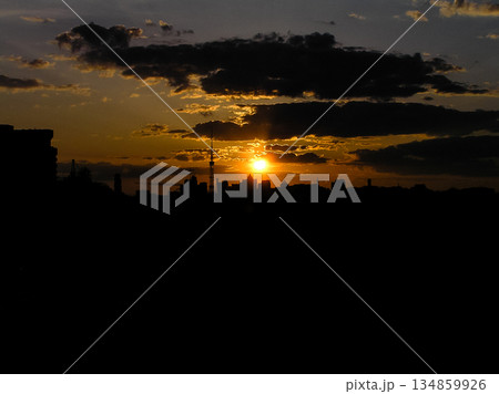 Autumn red sunset with a purple sky 134859926