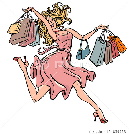 A woman enjoys shopping. Sales in stores. A blonde woman holds bags and handbags. A woman enjoys shopping. Sales in stores. A blonde woman holds bags and handbags. 134859958
