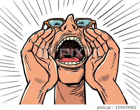 A man screams through his mouth. Close-up of his mouth and face. Message about discounts. 134859962