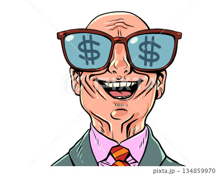 A happy bald businessman. A contented company boss. Looking at the dollar signs. A happy bald businessman. A contented company boss. Looking at the dollar signs. 134859970