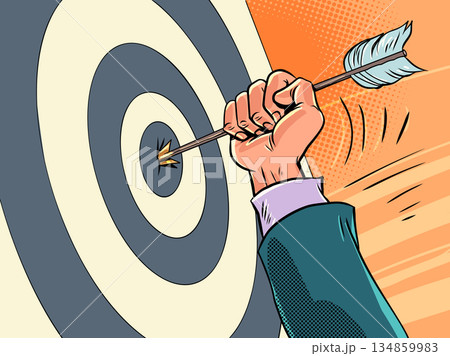 The arrow hits the target. Fulfillment of business plans and ambitions. Personal goals and growth. 134859983