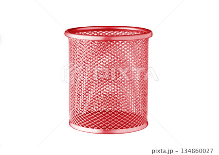 metallic Glass of red color for stationery, pencils, pens, scissors, ruler, on an isolated white background metallic Glass of red color for stationery, pencils, pens, scissors, ruler, on an isolated white background 134860027