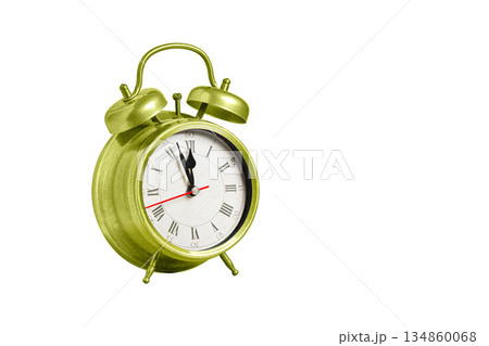 retro clock, pointer clock, green color alarm clock on isolated white background retro clock, pointer clock, green color alarm clock on isolated white background 134860068