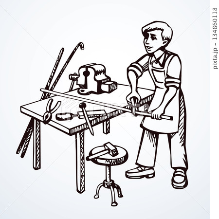 Vector drawing. A boy works with metal in a workshop Vector drawing. A boy works with metal in a workshop 134860118