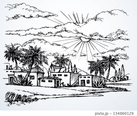 Vector drawing. Old village at river Vector drawing. Old village at river 134860129
