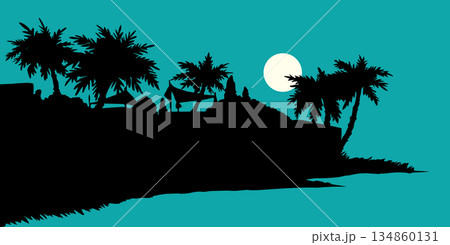 Vector drawing. Old village at river 134860131