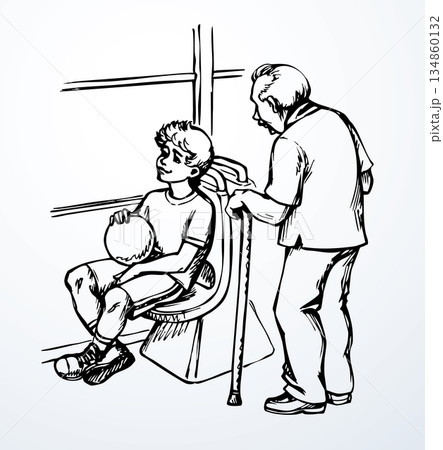 Vector drawing. Boy sitting in the bus 134860132