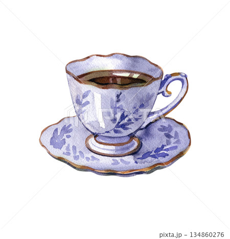 Watercolor illustration of a vintage porcelain teacup and saucer. The elegant periwinkle blue set features delicate floral patterns, gold-rimmed edges, and is filled with dark coffee or black tea. Watercolor illustration of a vintage porcelain teacup and saucer. The elegant periwinkle blue set features delicate floral patterns, gold-rimmed edges, and is filled with dark coffee or black tea. 134860276