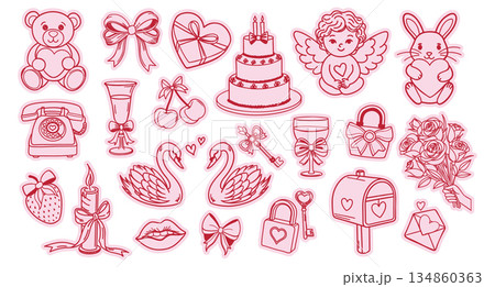 Valentines Day sticker set. Romantic collection of hand drawn love and Valentines Day elements. Illustration. 134860363