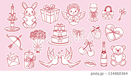 Valentines Day sticker set. Romantic collection of hand drawn love and Valentines Day elements. Illustration. 134860364