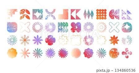Colorful geometric shapes, modern grunge symbols. Simple primitive elements and forms, distressed details. Retro design, aged, vintage, trendy contemporary minimalist style, y2k. Vector illustration Colorful geometric shapes, modern grunge symbols. Simple primitive elements and forms, distressed details. Retro design, aged, vintage, trendy contemporary minimalist style, y2k. Vector illustration 134860536