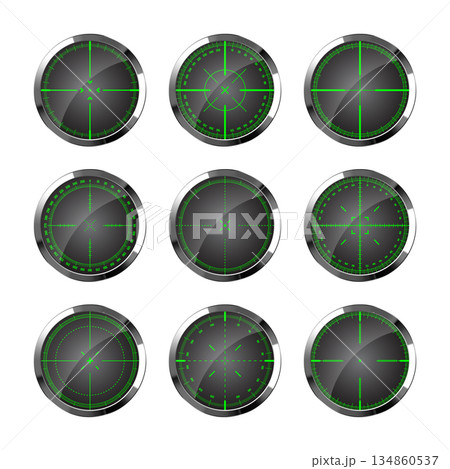Chrome weapon night sights, sniper rifle optical scopes. Hunting gun viewfinder with crosshair. Aim, shooting mark symbol. Military target sign, silhouette. Game UI element. Vector illustration Chrome weapon night sights, sniper rifle optical scopes. Hunting gun viewfinder with crosshair. Aim, shooting mark symbol. Military target sign, silhouette. Game UI element. Vector illustration 134860537